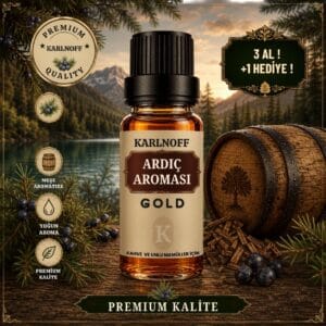 Karlnoff 10 ml Gold Ardıç Aroması şişesi, meşe fıçısı ve ahşap yonga detaylı görsel