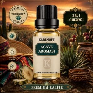 Karlnoff 10 ml Agave Aroması şişesi, yeşil etiket ve agave kaktüsü tarlası görseli