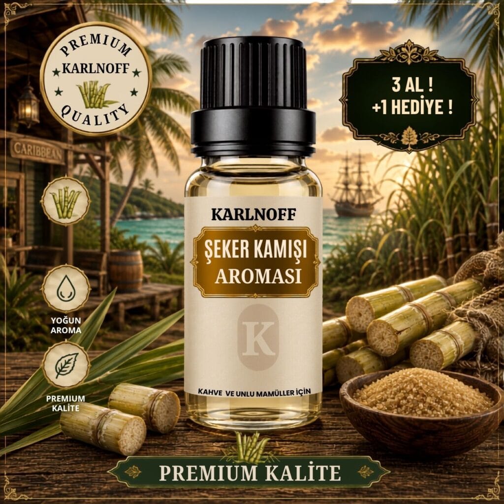 Karlnoff 10 ml Şeker Kamışı Aroması şişesi, şeker kamışları ve esmer şeker kasesi detaylı görsel