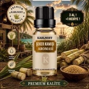 Karlnoff 10 ml Şeker Kamışı Aroması şişesi, şeker kamışları ve esmer şeker kasesi detaylı görsel