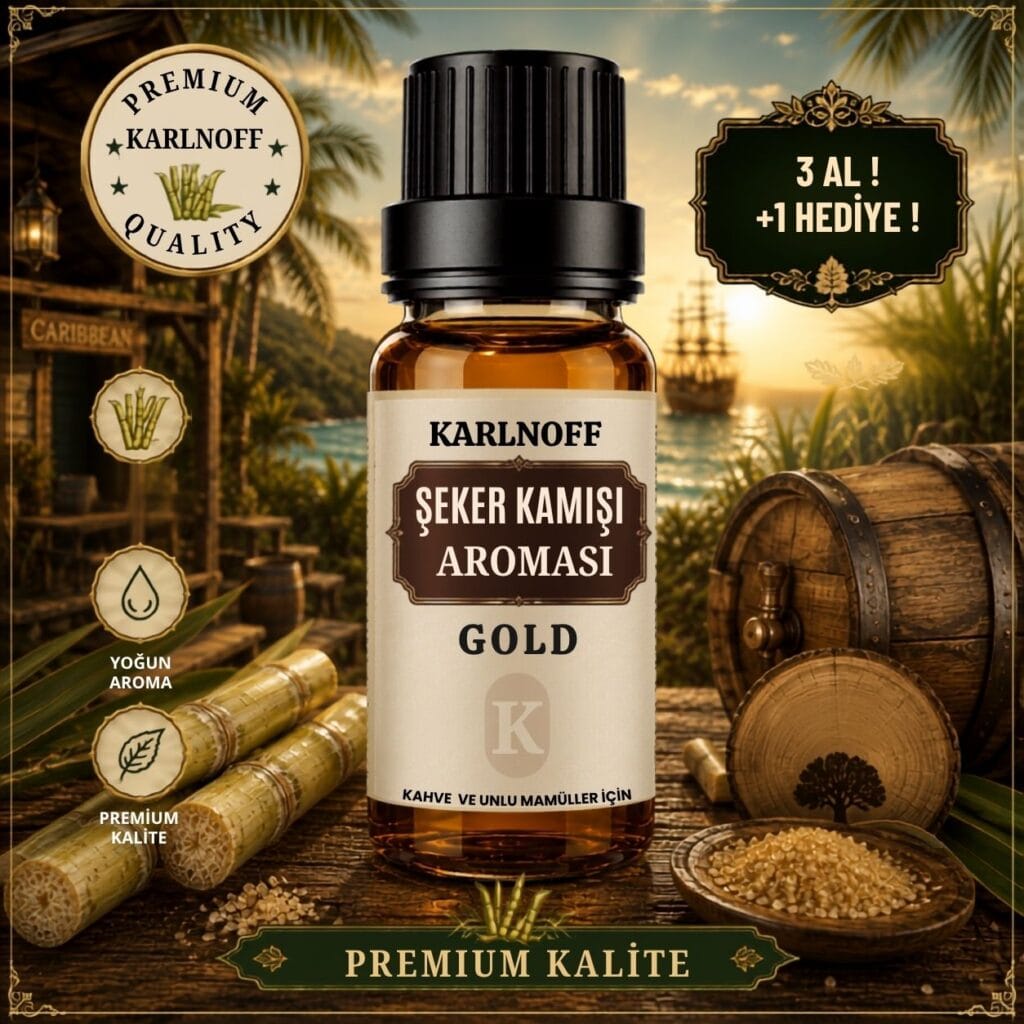 Karlnoff 10 ml Gold Şeker Kamışı Aroması şişesi, meşe fıçısı ve şeker kamışı detaylı görsel