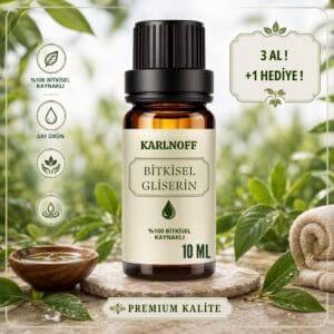 Karlnoff 10 ml Bitkisel Gliserin koyu damlalıklı cam şişe, %100 bitkisel kaynaklı ve ahşap kase görseli