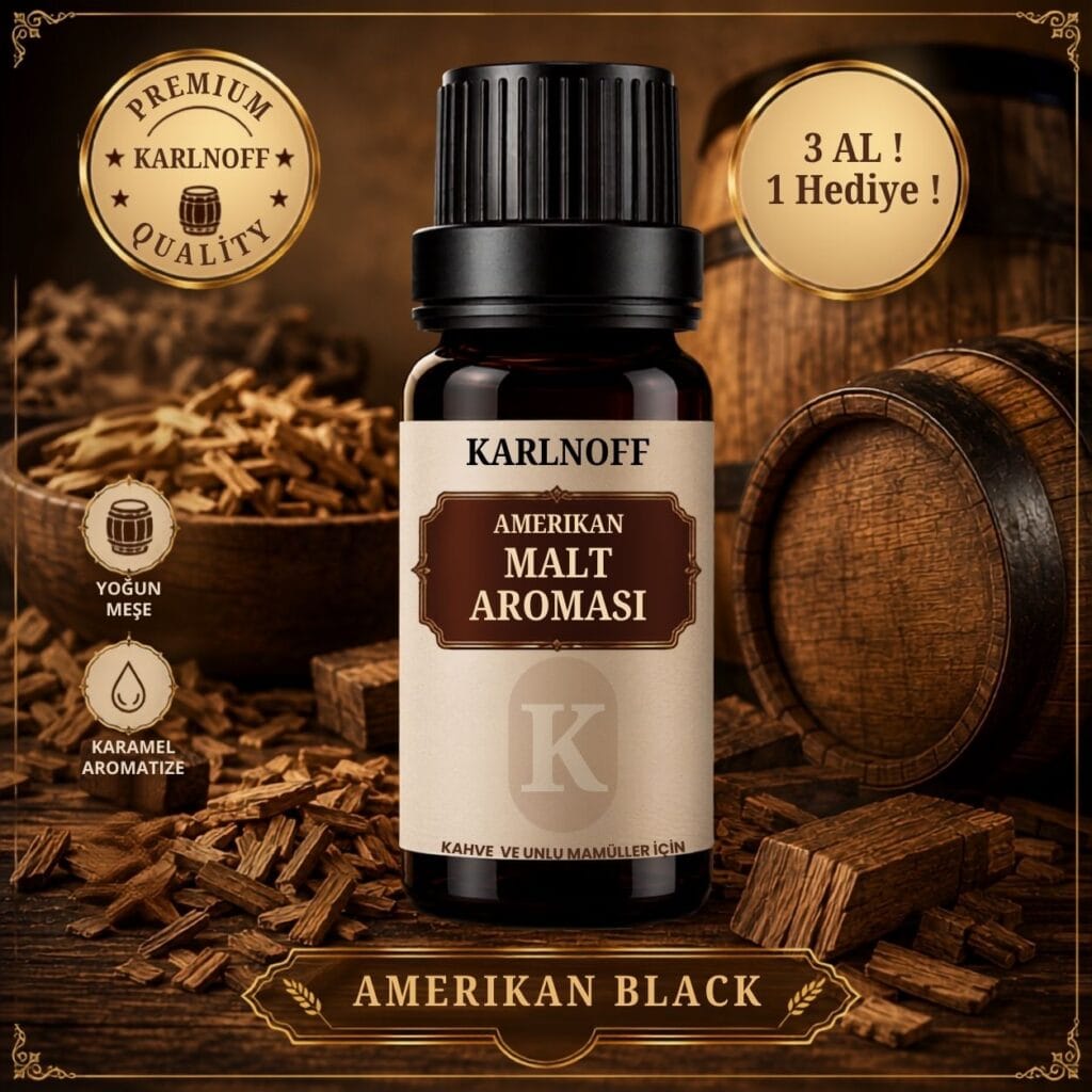 Karlnoff Amerikan Black 10 ml konsantre malt aroması şişesi, meşe cipsleri ve ahşap fıçı arka planı
