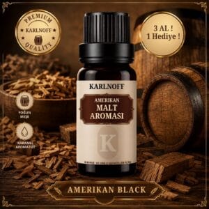 Karlnoff Amerikan Black 10 ml konsantre malt aroması şişesi, meşe cipsleri ve ahşap fıçı arka planı