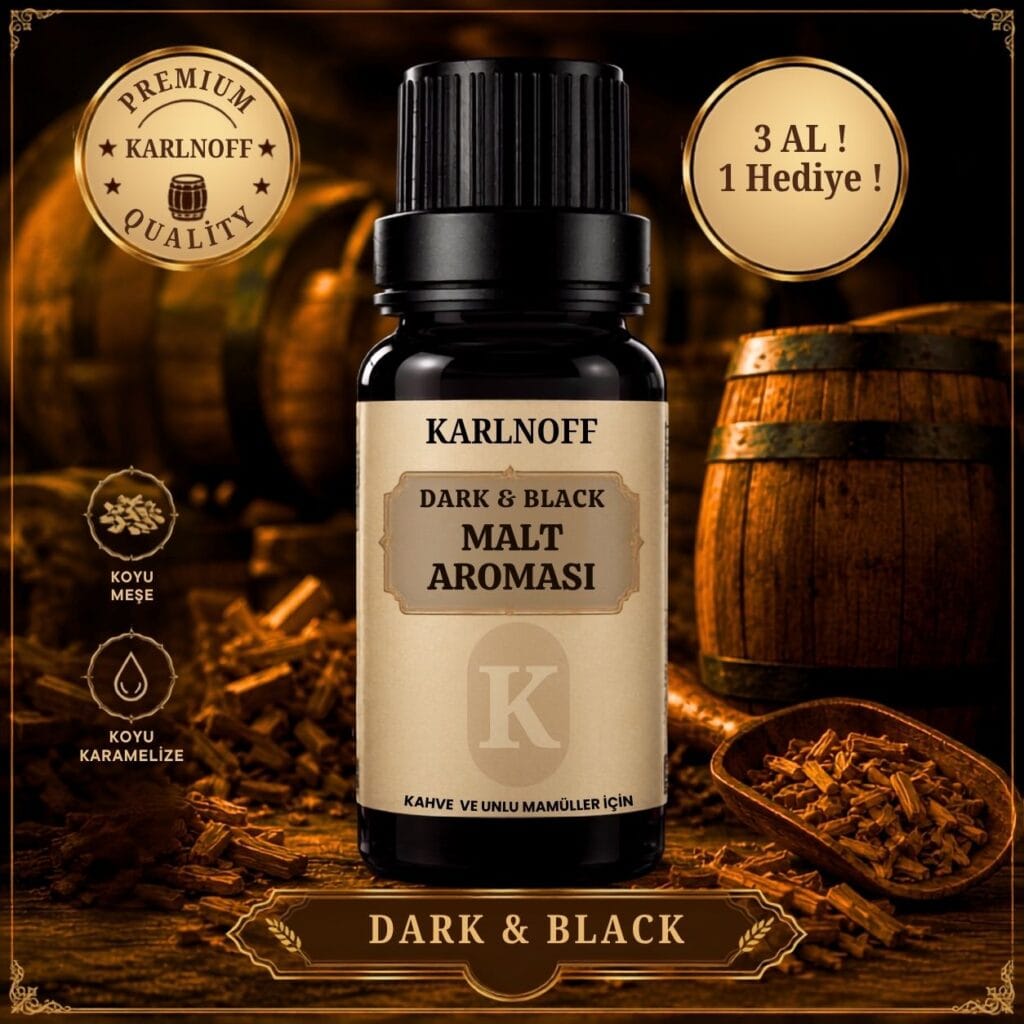 Karlnoff Dark & Black 10 ml konsantre malt aroması şişesi, koyu meşe cipsleri ve karamelize dokulu görsel