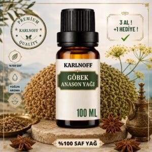 Karlnoff 100 ml %100 saf göbek anason yağı şişesi, anason tohumları, yıldız anason ve geleneksel ibrik detaylı görsel