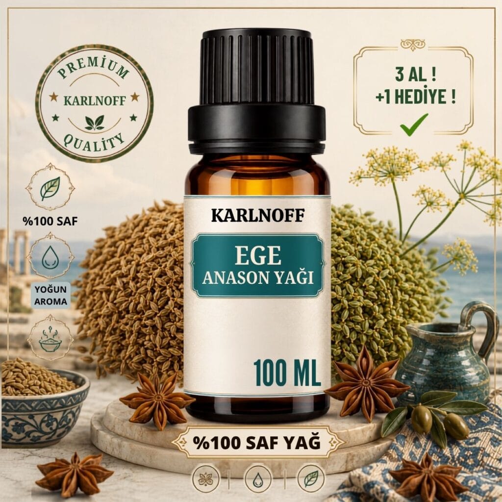 Karlnoff 100 ml Ege anason yağı şişesi, anason tohumları, zeytin dalları ve Ege temalı arka plan