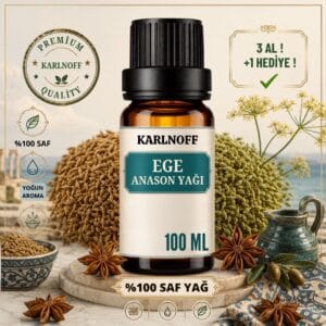 Karlnoff 100 ml Ege anason yağı şişesi, anason tohumları, zeytin dalları ve Ege temalı arka plan
