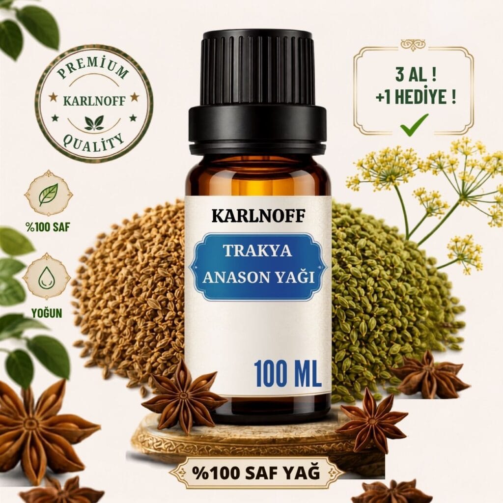 Karlnoff 100 ml Trakya ve tekirdağ anason yağı şişesi, mavi etiket tasarımı, anason tohumları ve yıldız anasonlar
