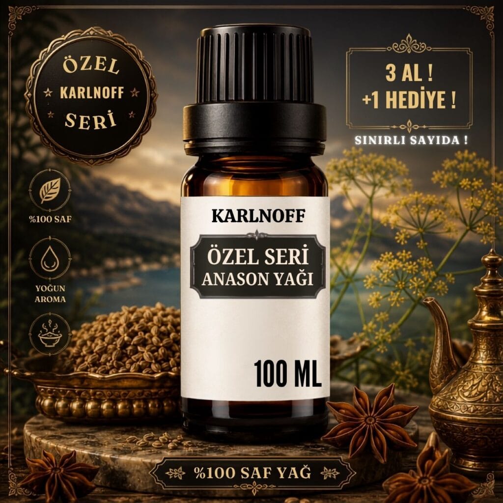 Karlnoff 100 ml Özel Seri anason yağı şişesi, antika pirinç ibrik ve yıldız anason detaylı görsel