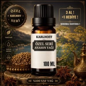 Karlnoff 100 ml Özel Seri anason yağı şişesi, antika pirinç ibrik ve yıldız anason detaylı görsel