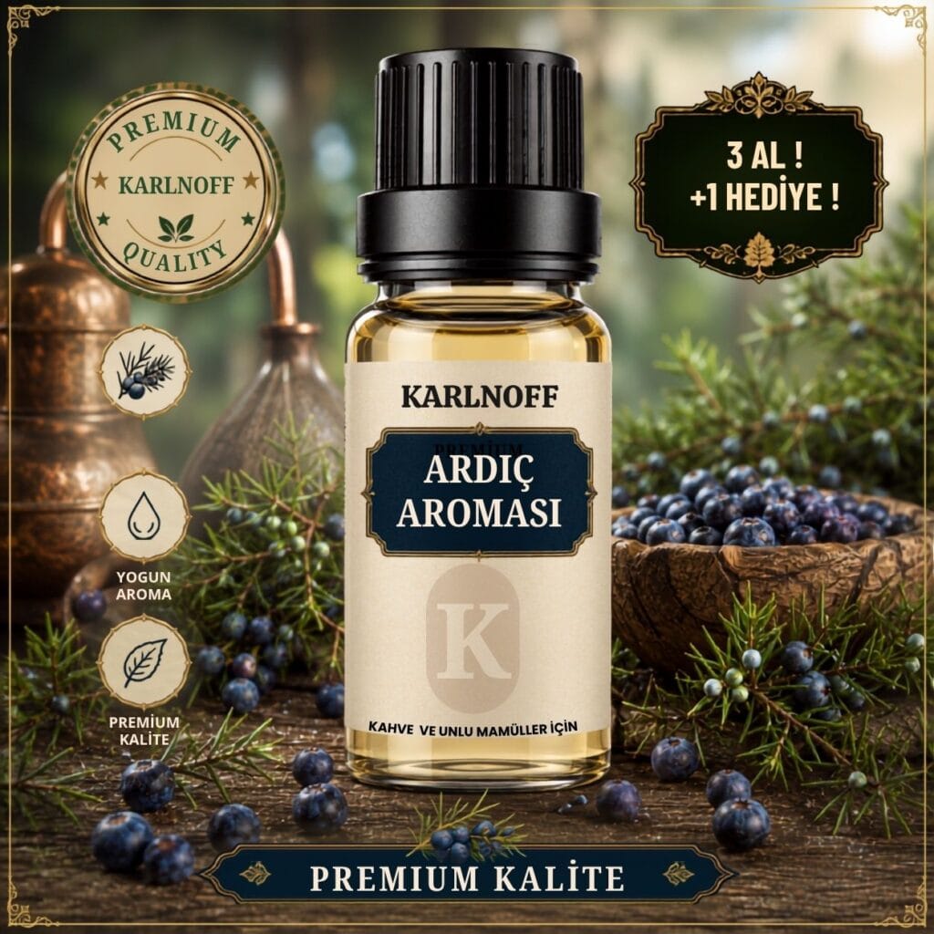 Karlnoff 10 ml Ardıç Aroması şişesi, mavi etiket, ardıç meyveleri ve bakır ibrik detaylı görsel