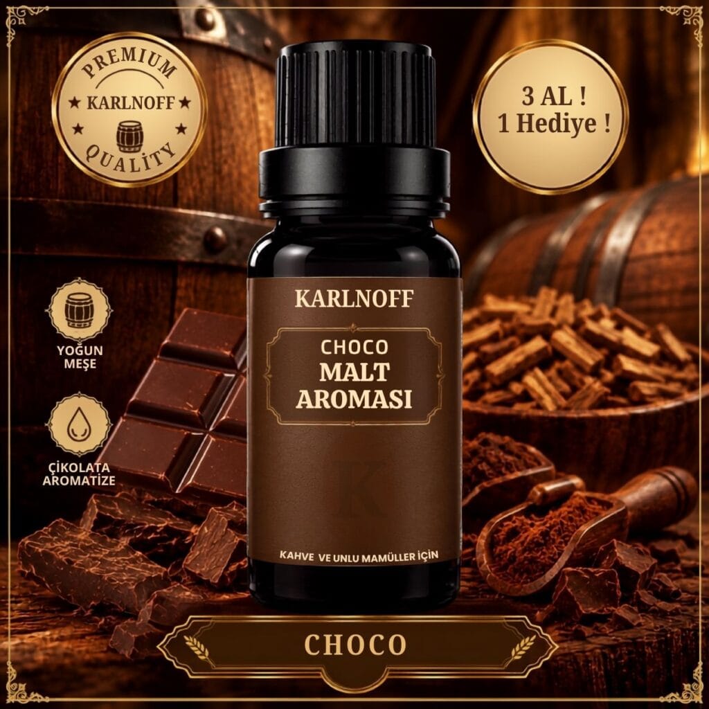 Karlnoff Choco 10 ml konsantre malt aroması şişesi, çikolata dilimleri, kakao tozu ve meşe fıçısı arka planı