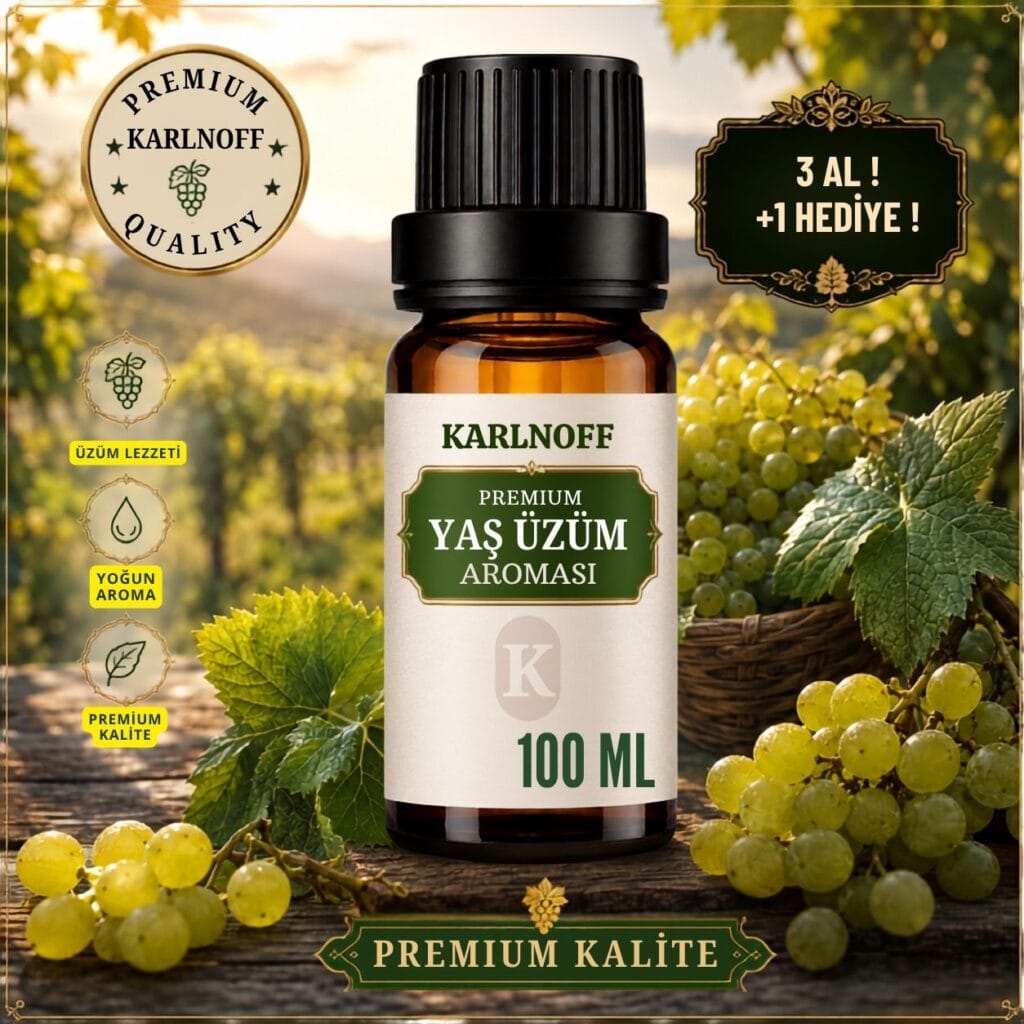 Karlnoff 100 ml Premium Yaş Üzüm Aroması koyu damlalıklı cam şişe, taze yeşil üzüm salkımları ve bağ manzarası görseli