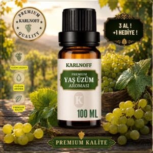 Karlnoff 100 ml Premium Yaş Üzüm Aroması koyu damlalıklı cam şişe, taze yeşil üzüm salkımları ve bağ manzarası görseli
